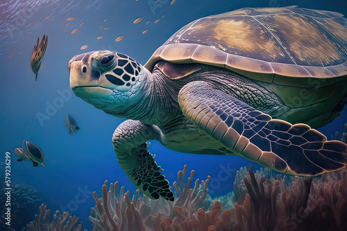 Red sea turtle underwater. Photo generative AI