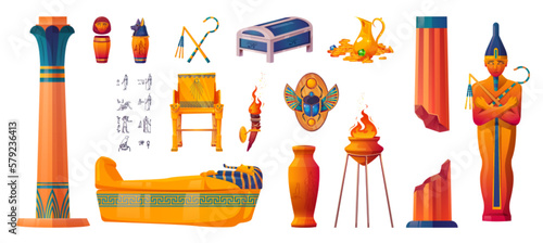 Ancient Egypt symbols, god and pharaoh statues, pyramid treasures, scarab, hieroglyphs and sarcophagus. Signs of Egyptian civilization, ankh, gold throne, vase and pillars, vector cartoon set