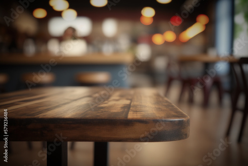 Wooden table in front of abstract blurred coffee shop background. Created with Generative AI Technology