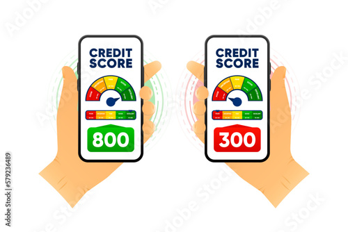 Credit score in smartphone. Finance bad or good history. Business report concept. Excellent, good, fair, uncertain and poor level scale. Credit rating. Vector illustration.