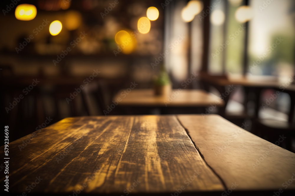 Wooden table in front of abstract blurred coffee shop background. Created with Generative AI Technology Wooden table in front of abstract blurred coffee shop background. Created with Generative AI Technology