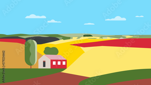 Farm fields with barn, silo towers and lucerne plant. Perfect for designs related to farming, agriculture, and rural life.