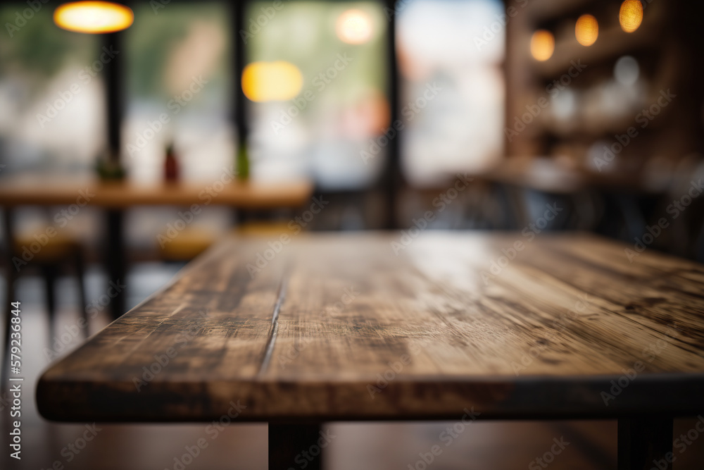 Wooden table in front of abstract blurred coffee shop background. Created with Generative AI Technology