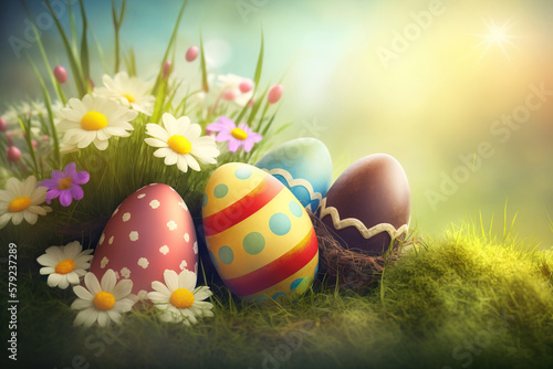 Easter eggs have many beautiful colors in the garden and flower. Celebration concept happy easter day. eggs on Easter day. Generative AI.
