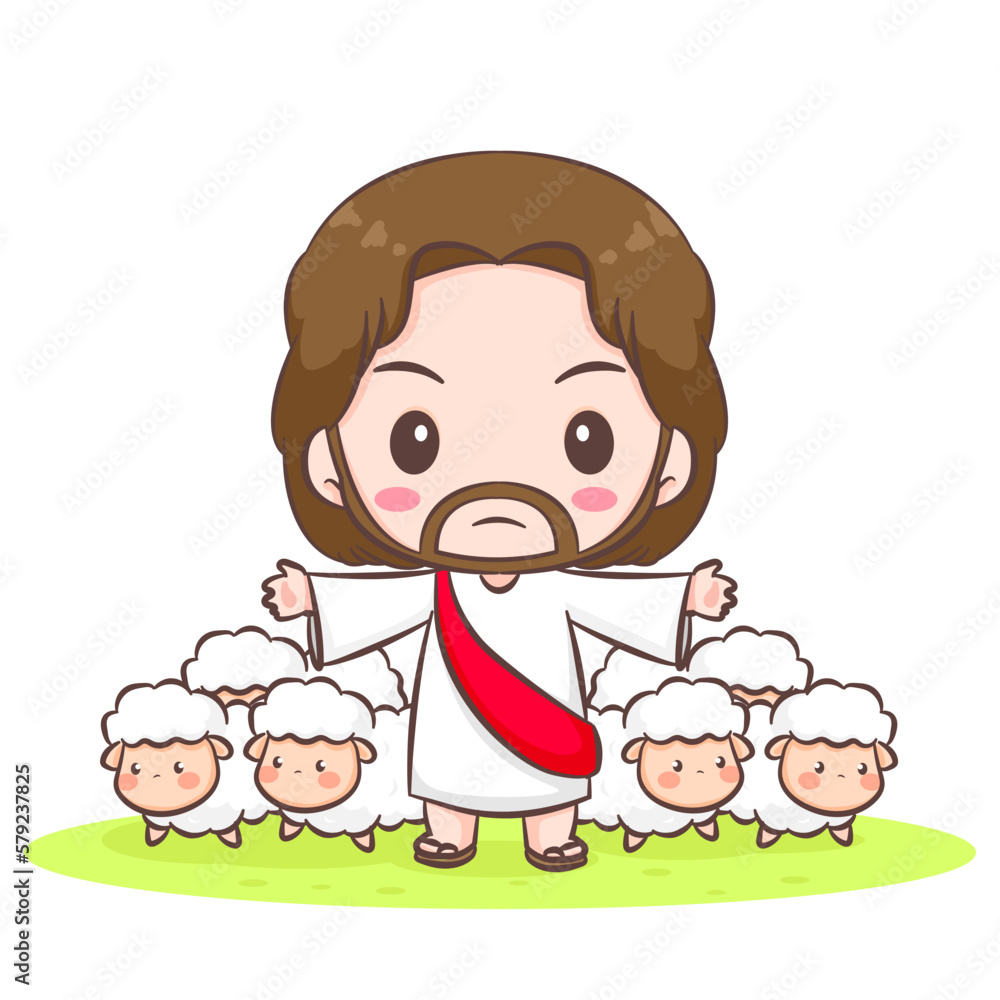 Cute Jesus Christ cartoon protect the sheep. Hand drawn Chibi character isolated white background. Christian Bible for kids. Mascot logo icon vector art illustration Cute Jesus Christ cartoon protect the sheep. Hand drawn Chibi character isolated white background. Christian Bible for kids. Mascot logo icon vector art illustration