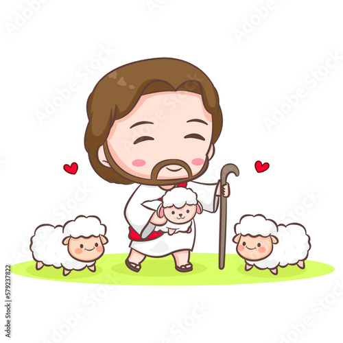 Cute Jesus Christ and the sheep cartoon. Hand drawn Chibi character isolated white background. Christian Bible for kids. Mascot logo icon vector art illustration