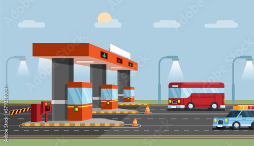 Highway Toll Gate. Car City Transport Road flat cartoon illustration vector