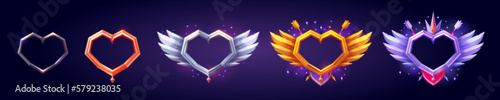 Fantasy game avatar frames in heart shape. Ui icons of ranking badges, empty button frames with metal, silver, bronze and golden borders with wings, crown and pennant, vector cartoon set