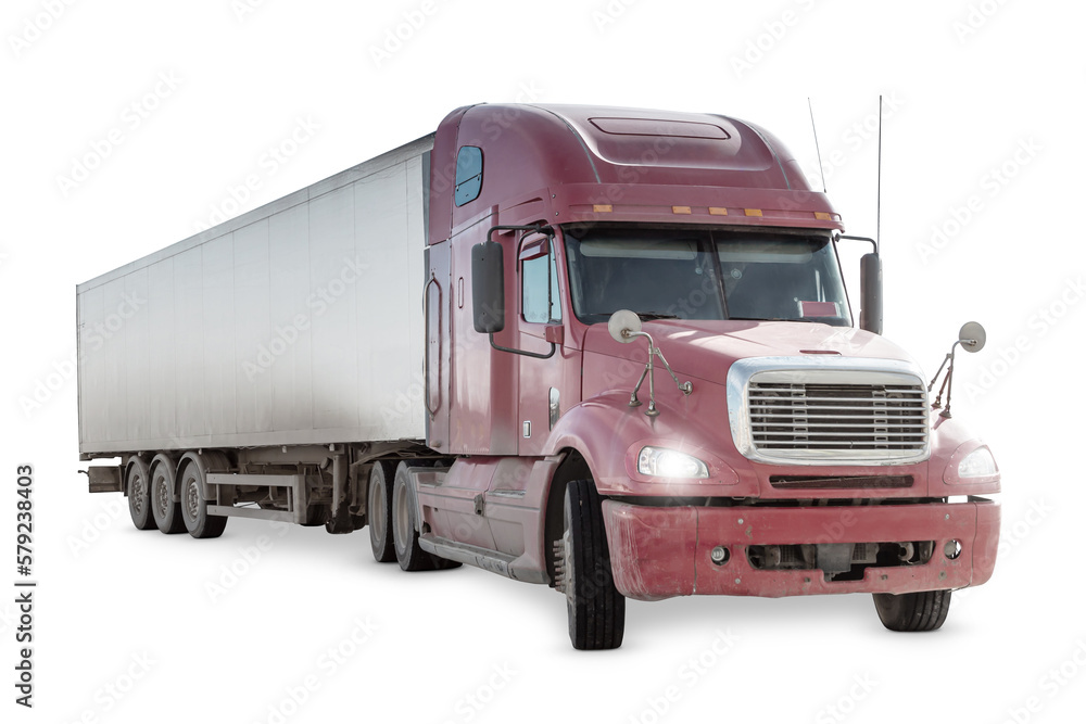 Red long-distance bonnet truck with a semitrailer isolated on white background