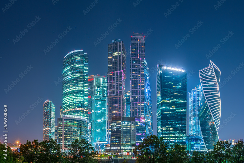 Fototapeta premium Moscow city at summer night. Modern skyscrapers in Moscow-city downtown. Moscow, Russia