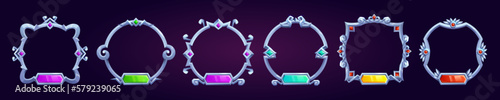 Circle fantasy game user avatar border set for rpg game. Silver medieval ui frame in vector for winner icon design on dark background. Ancient ornament rank gui asset for name title template.