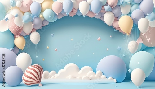 pink and blue balloons with a frame, garland decoration elements, frame arch wedding event gender reveal birthday celebration, generative ai, happy joyful fun party, baby shower, empty copy space
