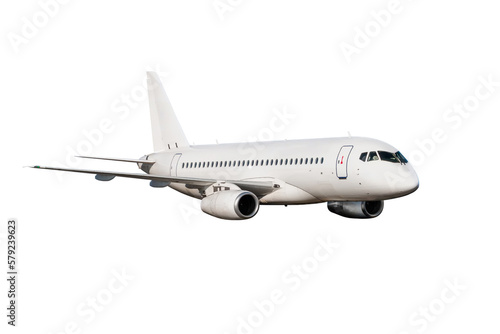 Passenger aircraft fly isolated on white background