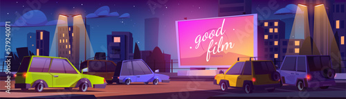 Outdoor drive-in cinema screen at night. Movie in car on parking cartoon vector illustration. Retro scene with open air film festival. Outside entertainment event for automobile to watch performance.