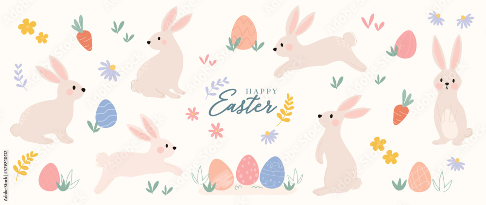 Happy Easter comic element vector set. Hand drawn cute playful rabbit, easter eggs, spring flowers, leaf branch, carrot. Collection of doodle animal and adorable design for decorative, card, kids. Happy Easter comic element vector set. Hand drawn cute playful rabbit, easter eggs, spring flowers, leaf branch, carrot. Collection of doodle animal and adorable design for decorative, card, kids.
