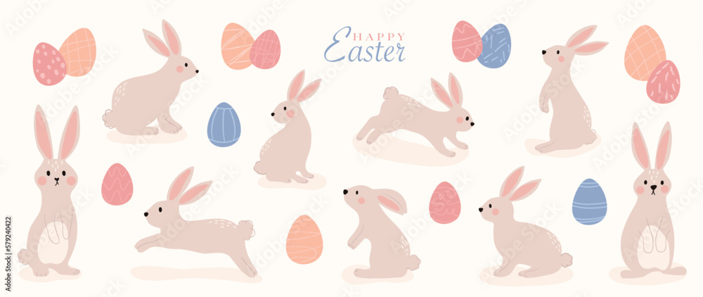 Happy Easter comic element vector set. Hand drawn cute rabbit, playful bunny in different characters and easter eggs. Collection of doodle animal and adorable design for decorative, card, kids.