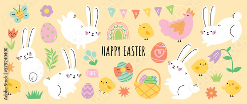 Happy Easter comic element vector set. Cute hand drawn rabbit, chicken, easter egg, spring flowers, leaf branch, butterfly. Collection of doodle animal and adorable design for decorative, card, kids.