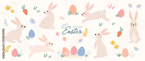 Happy Easter comic element vector set. Hand drawn cute playful rabbit, easter eggs, spring flowers, leaf branch, carrot. Collection of doodle animal and adorable design for decorative, card, kids.