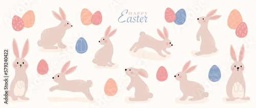Happy Easter comic element vector set. Hand drawn cute rabbit, playful bunny in different characters and easter eggs. Collection of doodle animal and adorable design for decorative, card, kids.