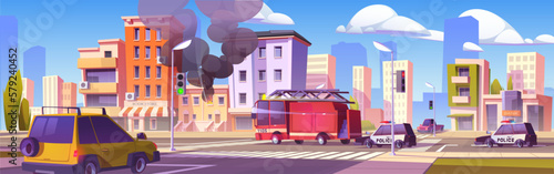 Burning city building and firefighter truck vector cartoon illustration. Fire incident with smoke for insurance background. Burn apartment with sparks in window. Town landscape with police car