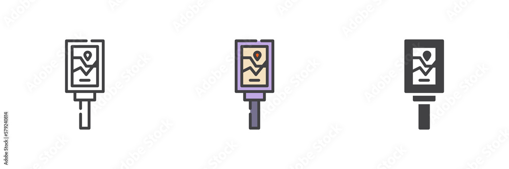 Public board with city map different style icon set Public board with city map different style icon set