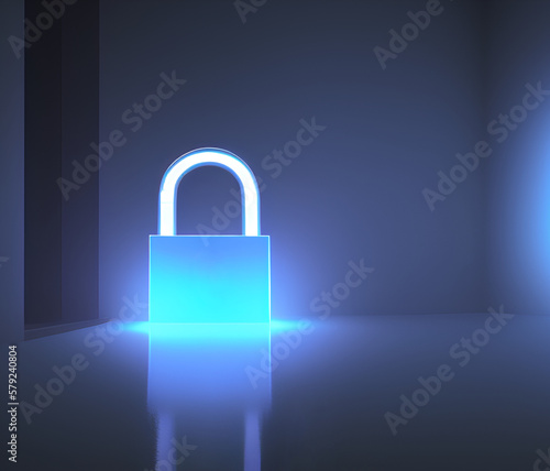 glossy hologram cyber security padlock icon, on, futuristic, locked, minimalistic, clean, dark background. generative ai