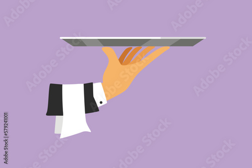 Cartoon flat style drawing of stylized tray cloche in hand. Restaurant plate in elegant waiter hand. Food serving tray for cafe, shop, restaurant, and food delivery. Graphic design vector illustration