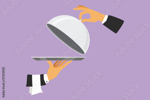 Character flat drawing stylized open tray cloche in hand. Restaurant plate in elegant waiter hand. Food serving tray for cafe, shop, restaurant, and food delivery. Cartoon design vector illustration