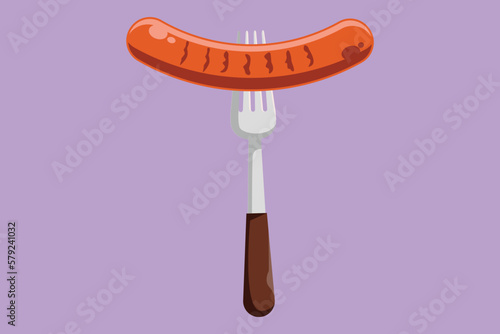 Cartoon flat style drawing stylized sausage on fork logotype, label, sticker, symbol. Cooked hot fried sausage. Grill picnic template. For restaurant or cafe menu. Graphic design vector illustration