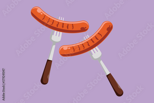 Character flat drawing grilled sausage logotype icon, barbecue and food, sausage on fork sign. Delicious meal label, sticker, symbol for cafe, shop, and restaurant. Cartoon design vector illustration