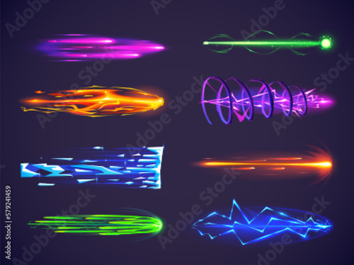 Beam laser effect for weapon or gun in game vector. Magic blaster explode shot with energy and lightning. Fire ray power attack pulse illustration on dark background. Fireball shoot in cosmic battle.