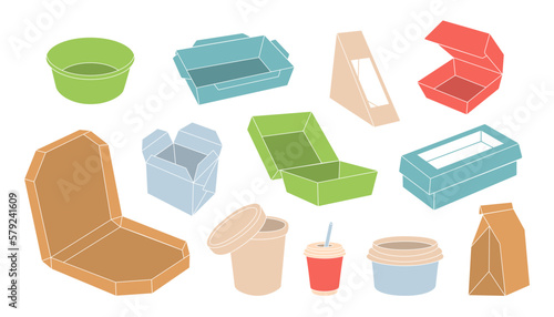 Cardboard food boxes. Empty takeaway boxes for food. Paper and plastic takeaway containers. Empty snack packaging. Recyclable packs