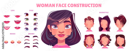 Woman face avatar construction vector set. Create female game character with mouth, nose, hair and eyes. Girl constructor kit illustration. Pretty brunette lady diy icon pack with custom element.