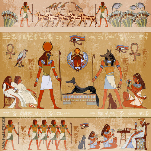 Ancient Egypt scene, mythology. Egyptian gods and pharaohs. Murals hieroglyphic carvings on the exterior walls. Vector illustration