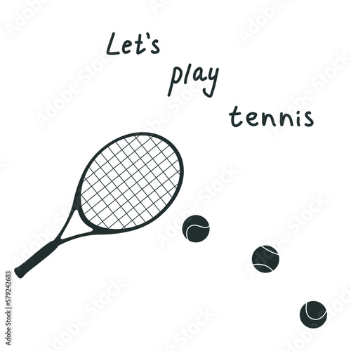 Flat vector silhouette illustration in childish style. Hand drawn tennis racket and balls. Lets play tennis.