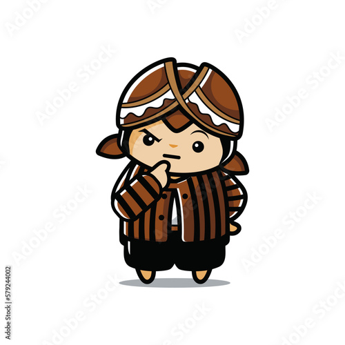 Cartoon Javanese culture mascot with a hat with curious face