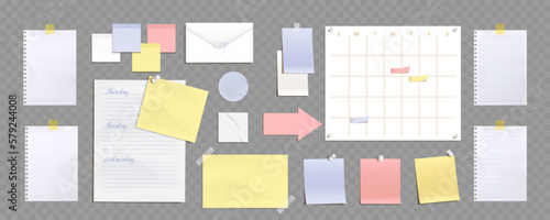 Paper notes, notebook pages, stickers and envelope. School or office mockup with blank paper sheets with pins and sticky tape, letter and calendar template, vector realistic set