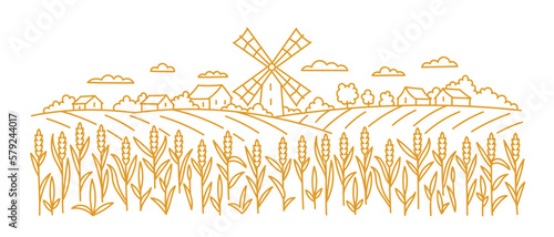 Landscape fields with a windmill. Wheat spikelets in the foreground. Vector contour line. Editable outline stroke.