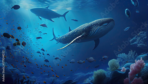 Tropical Sea Animals in Deep Blue Ocean Seascape Background AI Generative © Image Lounge