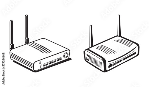 Wifi router vector black outline isolated on white background, router hand drawing sketch line art.