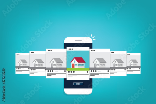 House for rent. Smartphone app with house icons, house for rent or sale ,house selection concept.	
