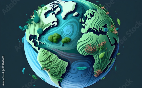 Earth day concept. Illustration of the green planet earth on a Blue background. - AI Generative