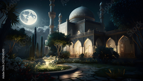 Magnificent mosque with a beautiful paradise garden Create With Generative AI Technology photo