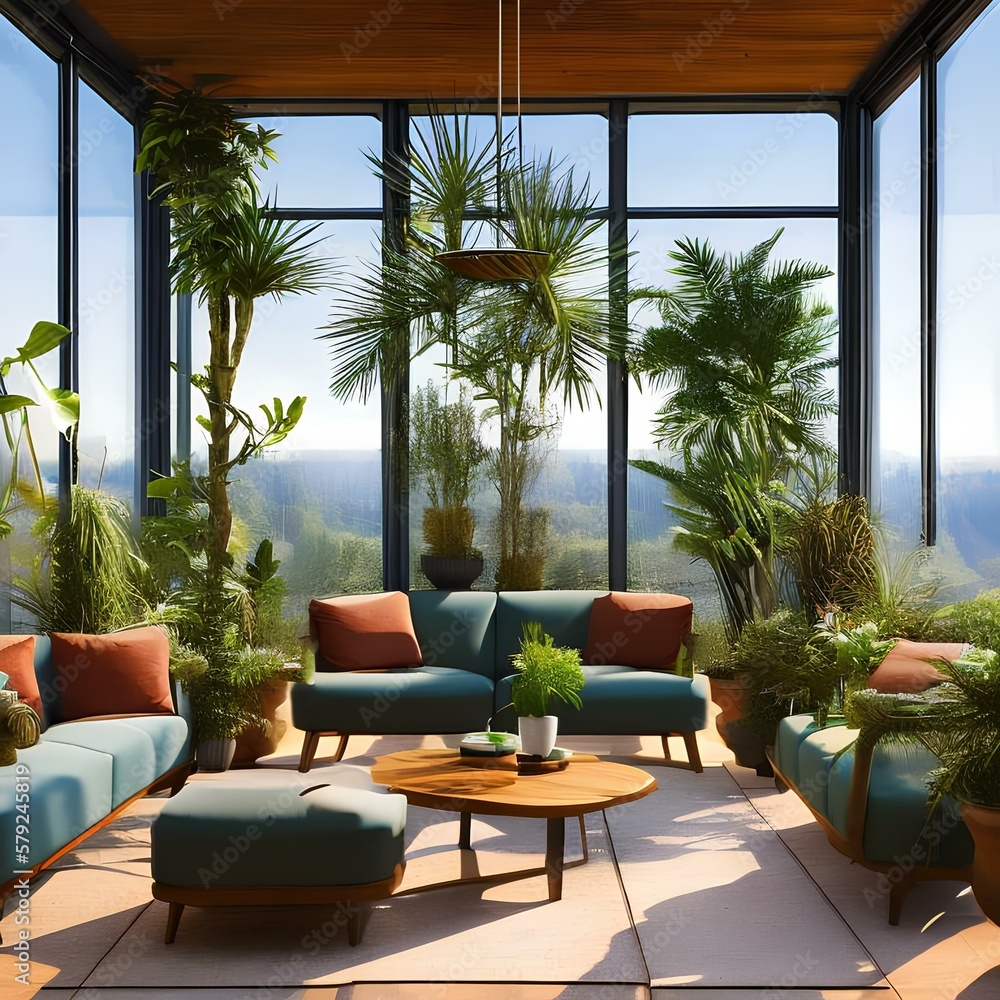 Fototapeta premium A sunroom with comfortable furniture and lots of plants3, Generative AI