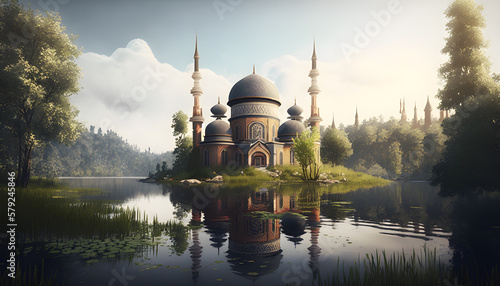 A mosque on the lake and mountains within With Create Generative AI Technology photo