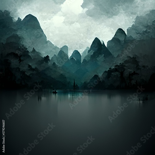 A dark backgrounds lake and mountains  © LIBERUM COGITANDI
