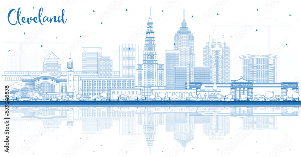 Outline Cleveland Ohio City Skyline with Blue Buildings and Reflections. Vector Illustration. Cleveland USA Cityscape with Landmarks.