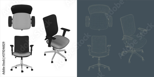 Vector modern Office chair ergonomic in various points of view. blue print isolated background