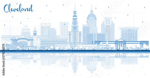 Outline Cleveland Ohio City Skyline with Blue Buildings and Reflections. Vector Illustration. Cleveland USA Cityscape with Landmarks.