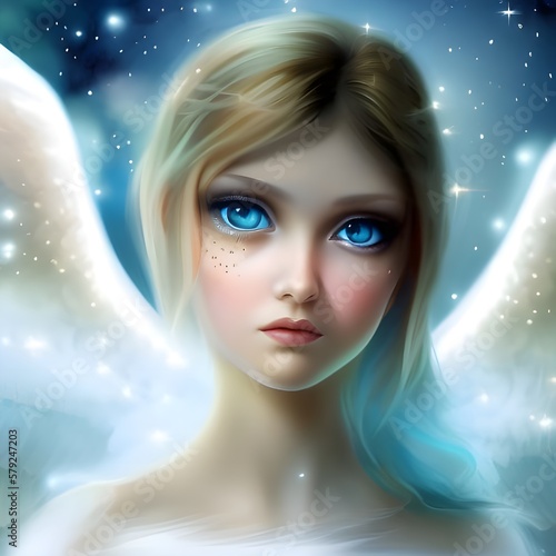 Aniołek, duże niebieskie oczy, jasne włosy, smutna twarz, białe skrzydła. Ilustracja do wykorzystania jako obrazek, okładka książki, kartka. Ilustracja wygenerowana za pomocą AI